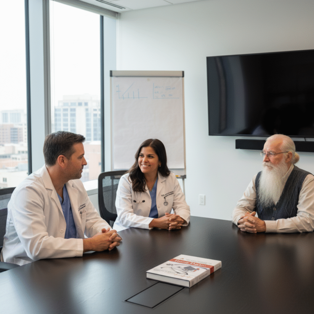 The authors of The Home Doctor—Dr. Maybell Nieves, Dr. Rodrigo Alterio, and Claude Davis—in a meeting with their book on the table.