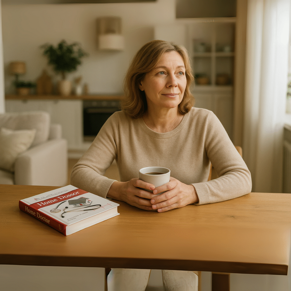 A woman feeling calm and prepared at home after gaining the knowledge from The Home Doctor guide.