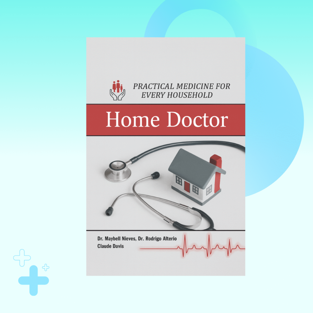 A promotional graphic for The Home Doctor book, showing the cover on a stylized blue background.