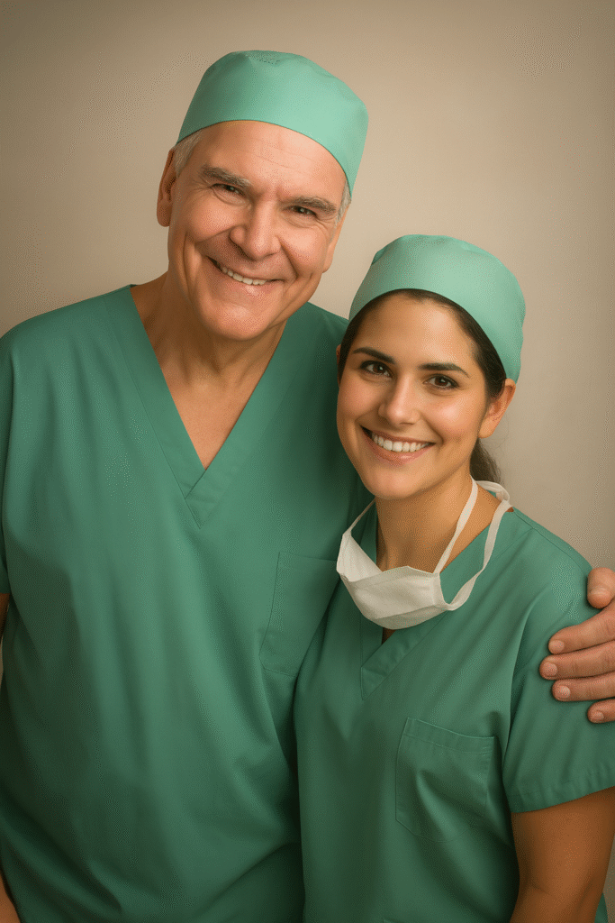 A male and a female doctor in green surgical scrubs, representing the expert team behind the Home Doctor guide.