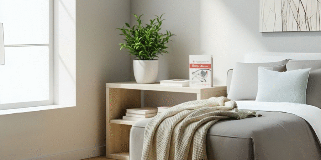 The Home Doctor book placed on a bedside table in a bright, modern bedroom.